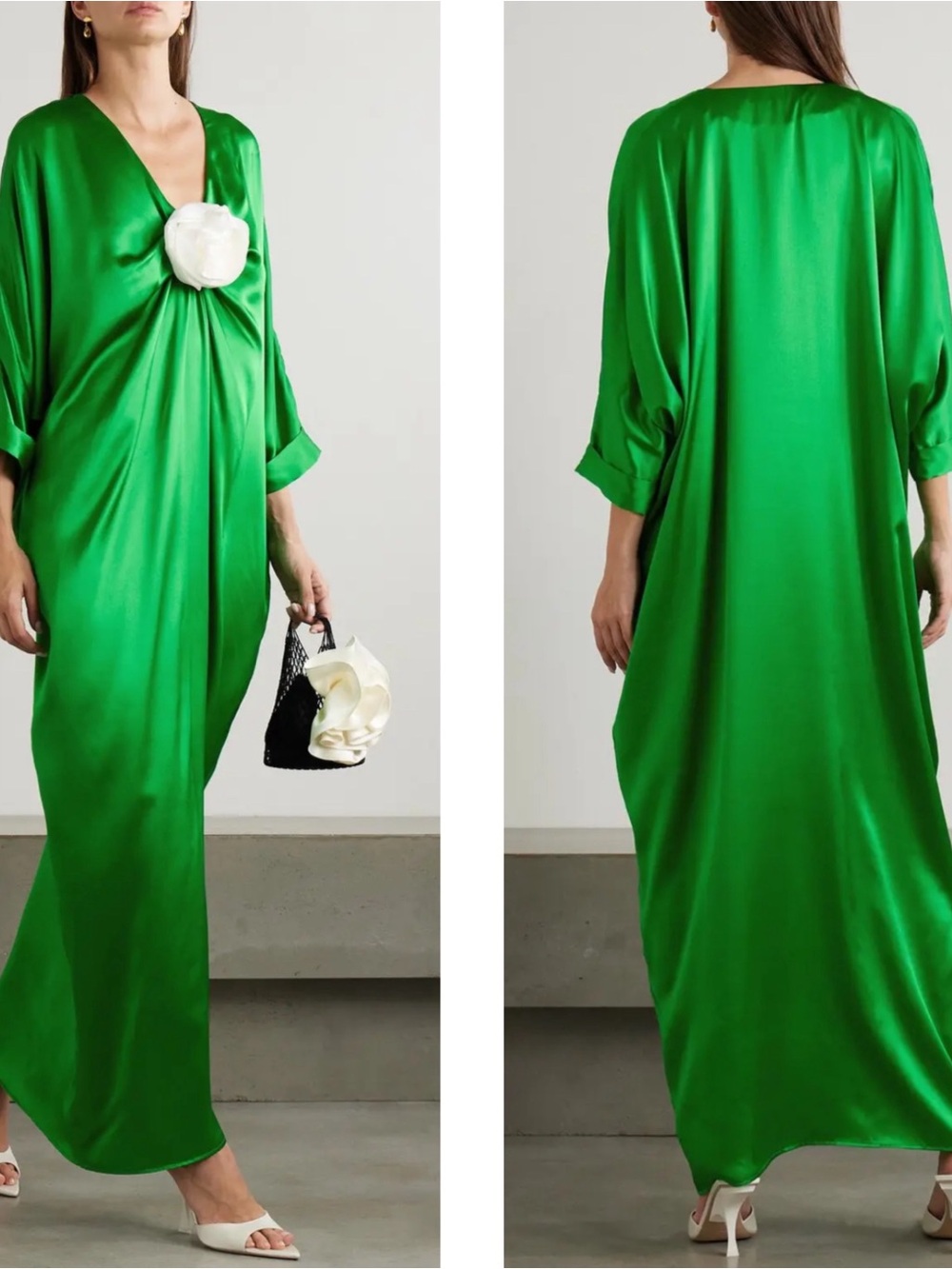 BERNADETTE Gilles Floral Appliqué Silk V Neck Green Maxi Dress Size 4